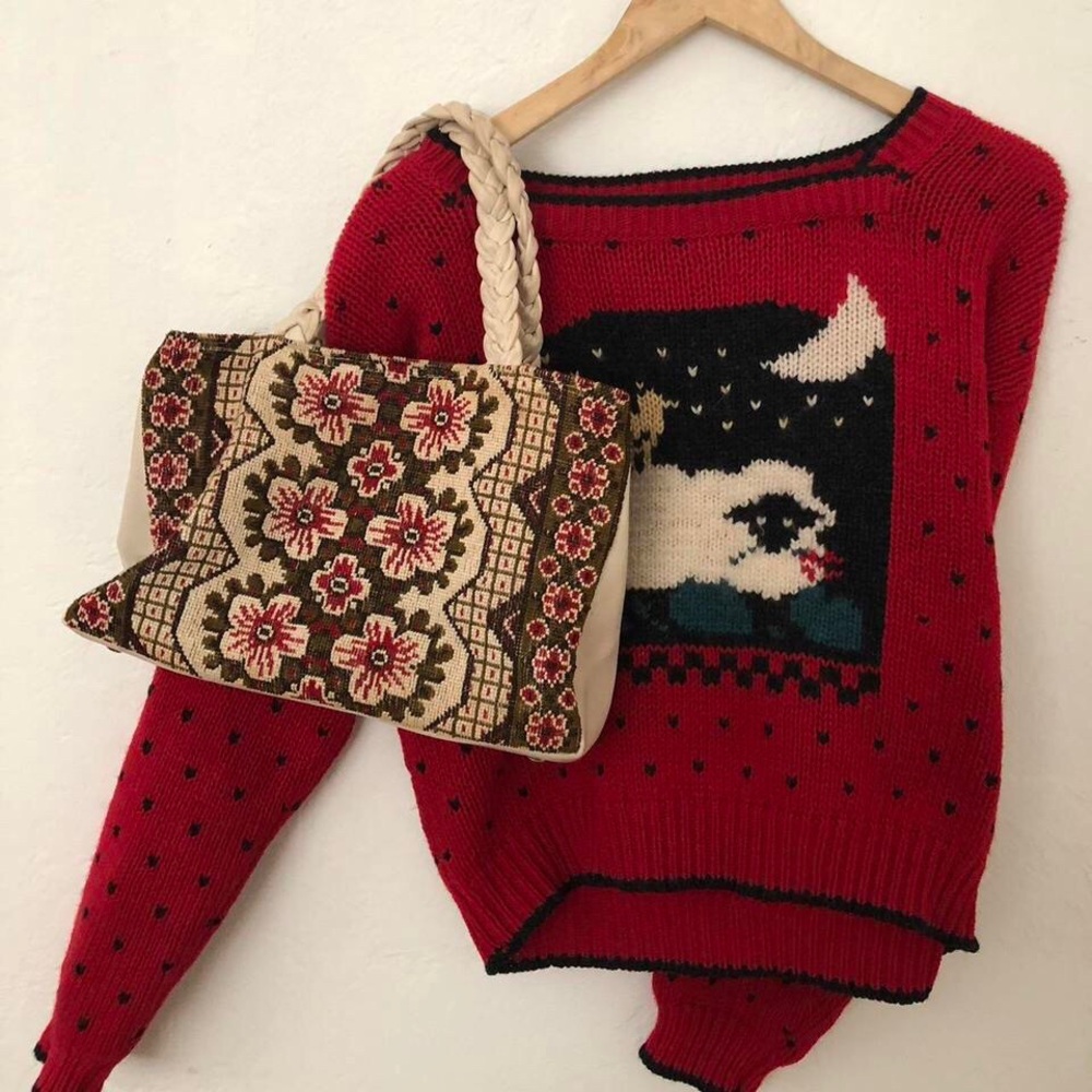 True Vintage Square Neck Wool Sweater with Lamb Sheep and Folk Art Design